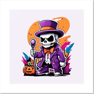 A creepy skeleton in a top hat with a cane Posters and Art